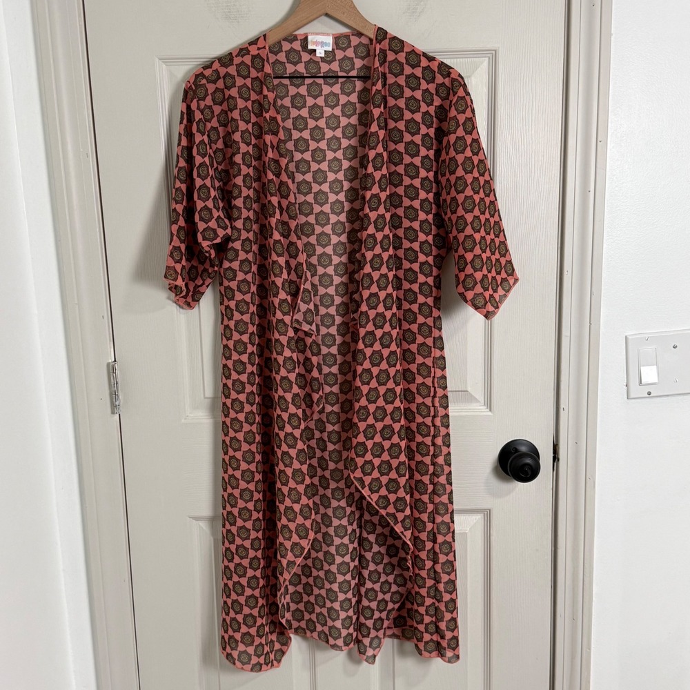 LuLaRoe Lindsay Kimono Womens Small Coral Pink Medallion Print Duster Cardigan